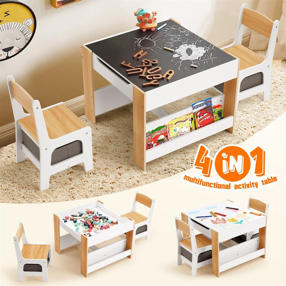 4-in-1 Kids Activity Table & Chairs Set Play Study Picnic Storage Desk