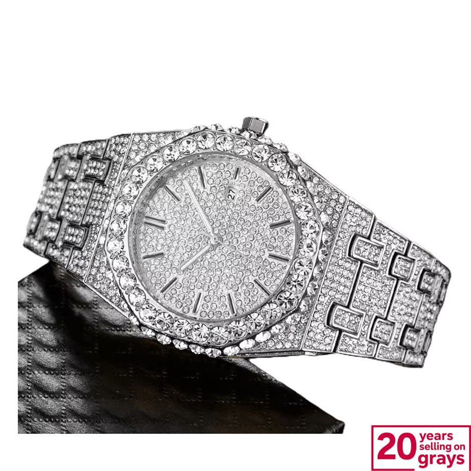 Men's Silver Blinged-Out Hip Hop Watch
