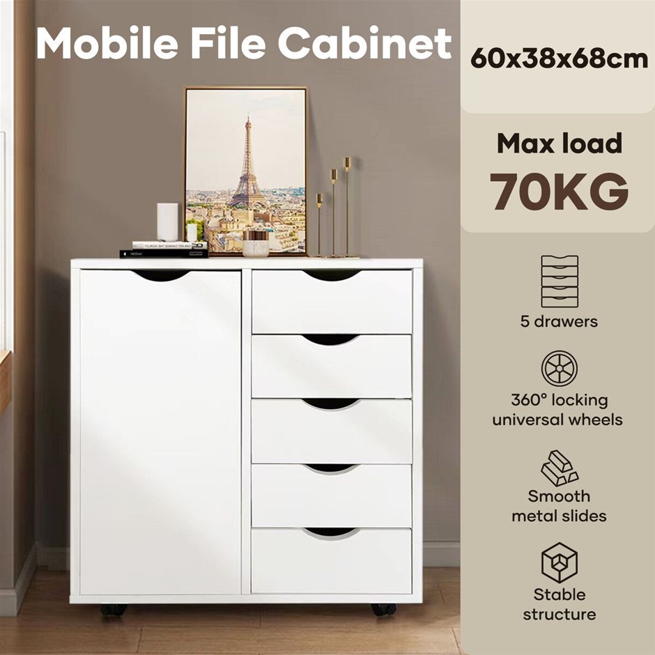 5 Drawer Mobile File Cabinet Home Office Storage SideChest 60x38x68cm White