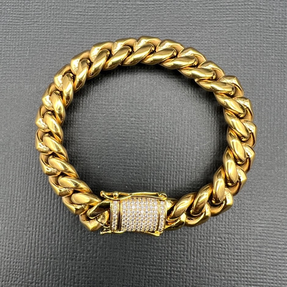 18k Gold -Filled Cuban Bracelet Cubic Zirconia Clasp, 14MM - 20.3cm