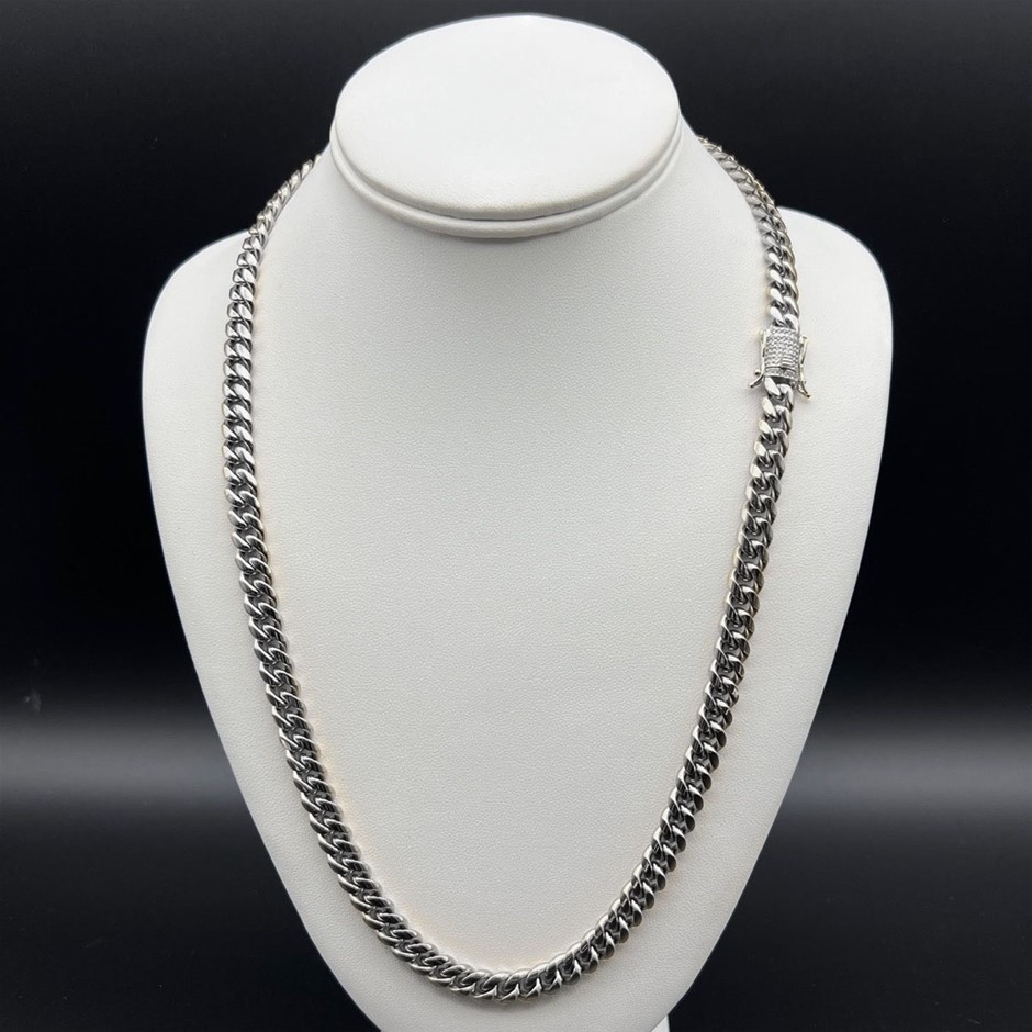Silver-Filled Cuban Necklace with AAA+ Cubic Zirconia Clasp, 8MM - 55.8cm