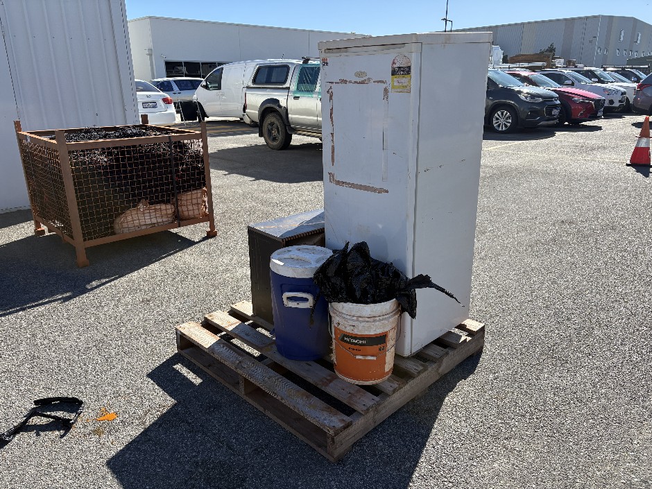 Upright Fridge, Cooler, Bucket Containing Rope and Assorted PVC Fittings and Plastic Safety Chains and Box containing safety gloves