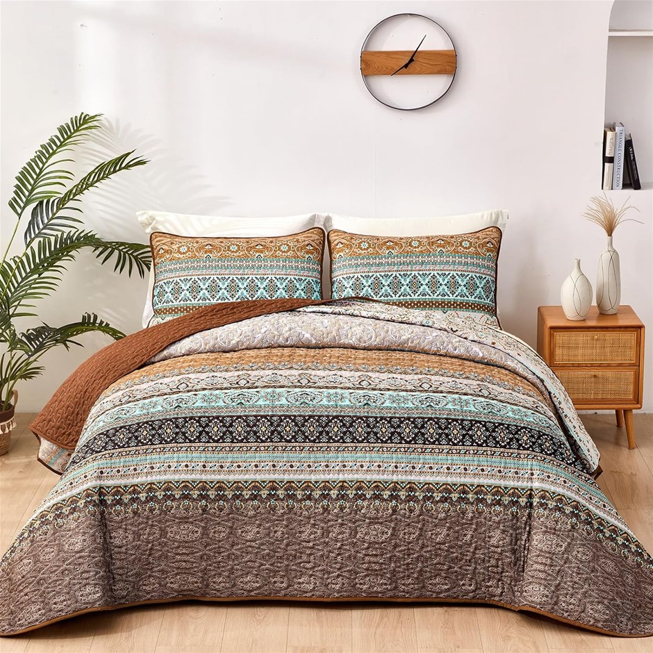 WONGS Bedding Boho Fall Quilt Set King, Brown Bohemian Quilt Bedding Set 10
