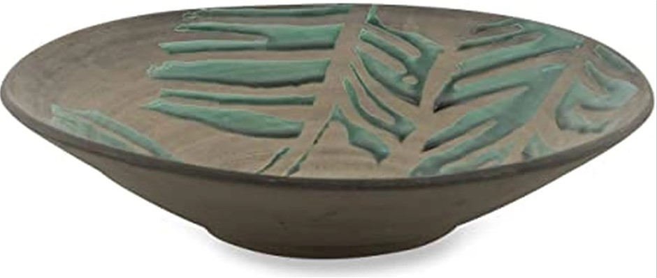 BOHO TRADERS Monstera Bowl Ceramic, 44 x 44 x 10.5cm, Raw Base With Glaze D