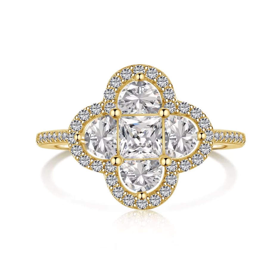 Clover Style Cubic Zirconia 18K Gold Filled 925 Silver Ring - Size 6