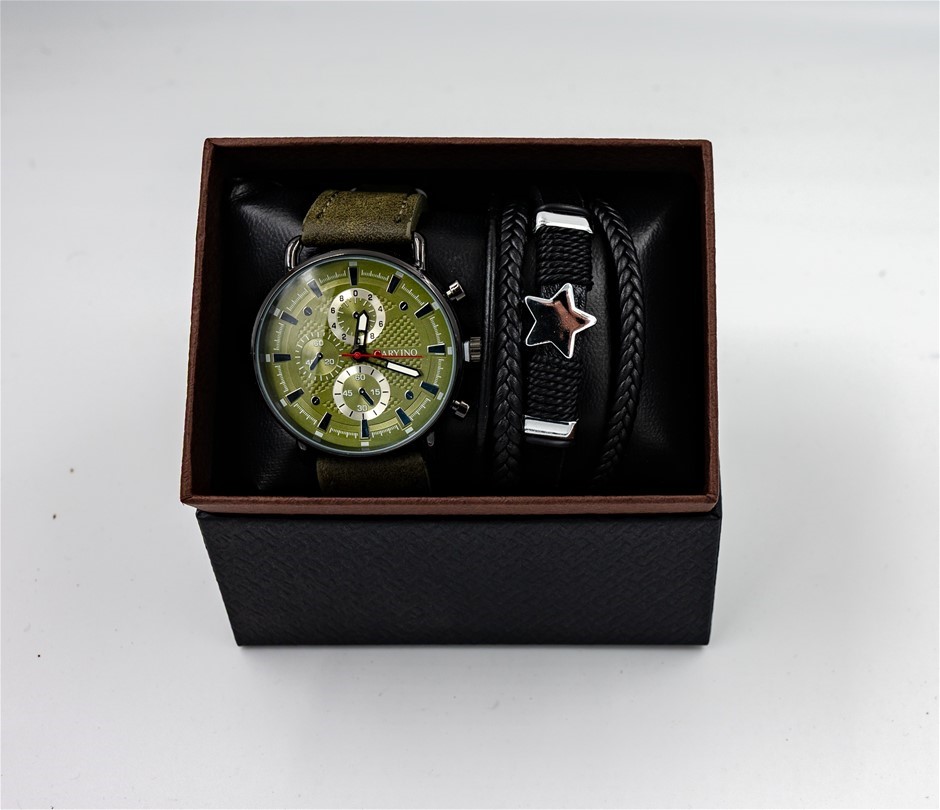 Men's Watch Gift Set w/ Leather Wrist Bracelet. Buyers Note - Discount Fre