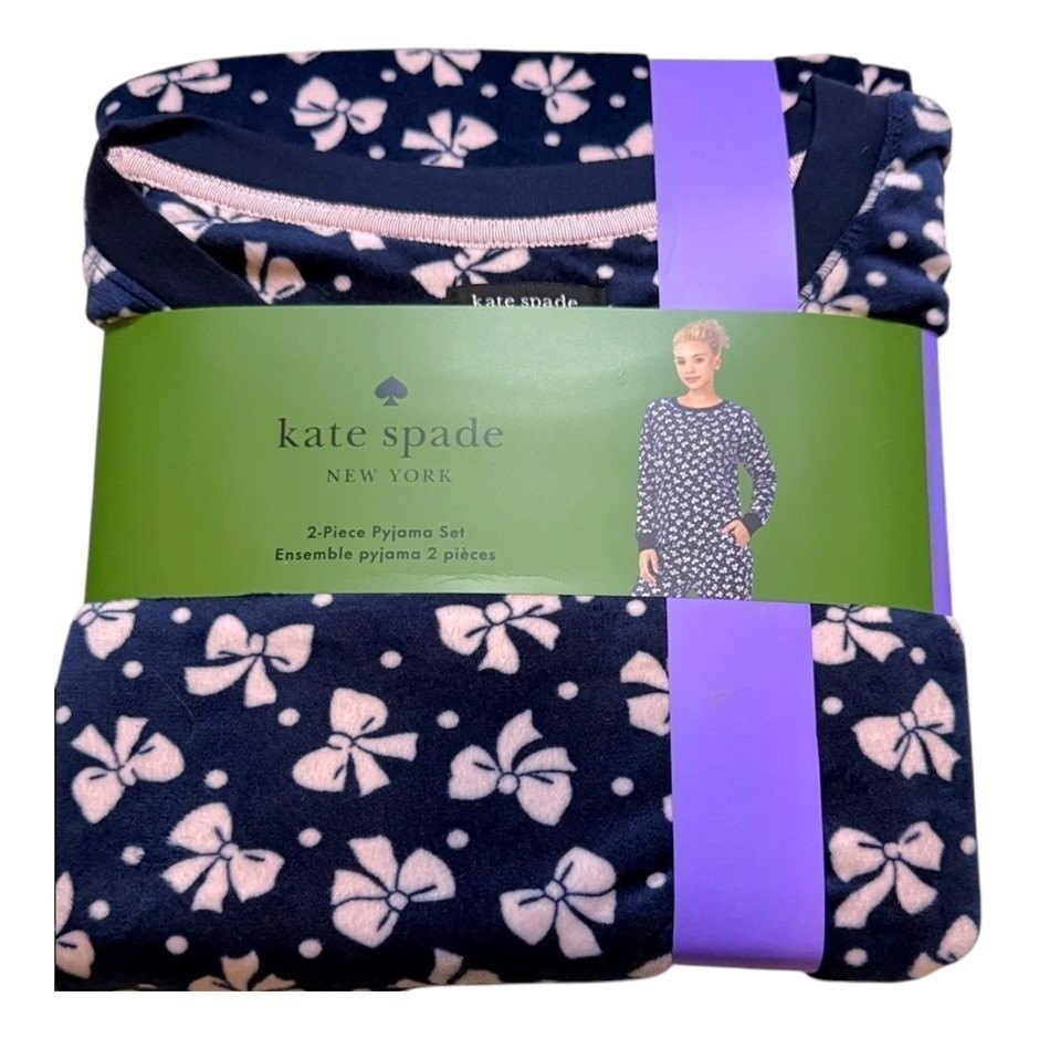 KATE SPADE Women's 2pc Velour Long PJ Set, Size L, Navy/Ribbons. Buyers No