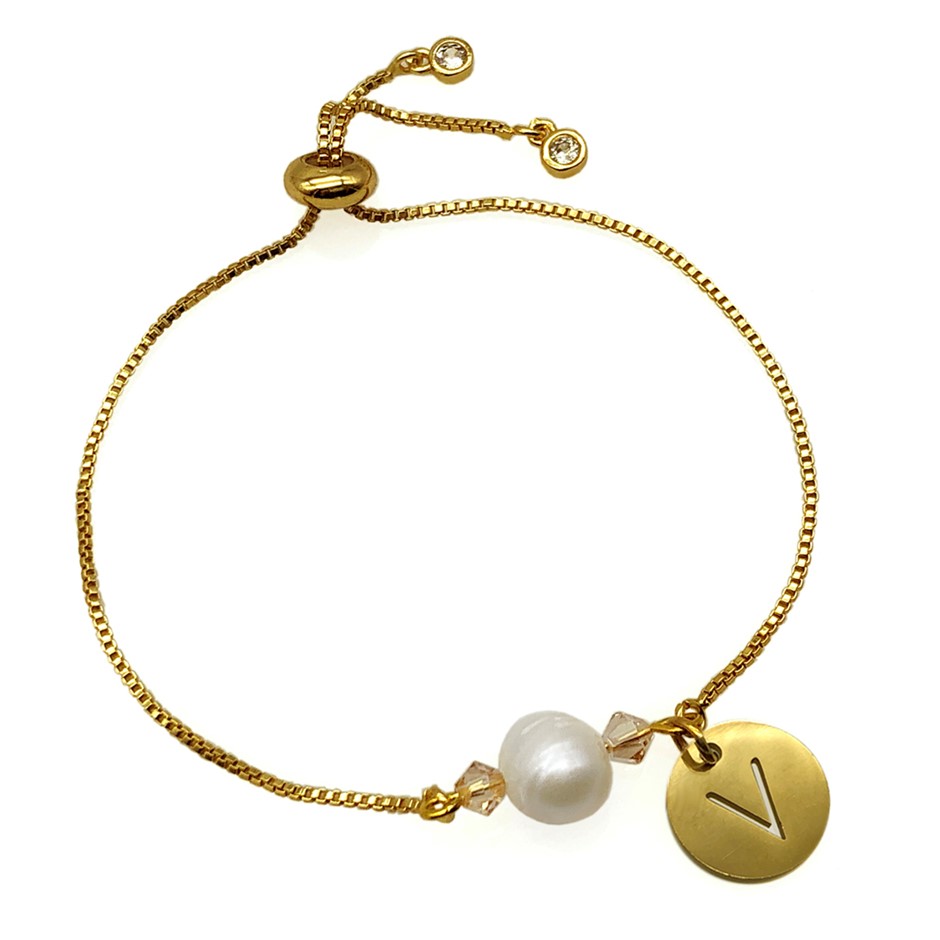 8-9mm Pearl & Swarovski Crystal & Initial Letter 'V' Charm Bracelet