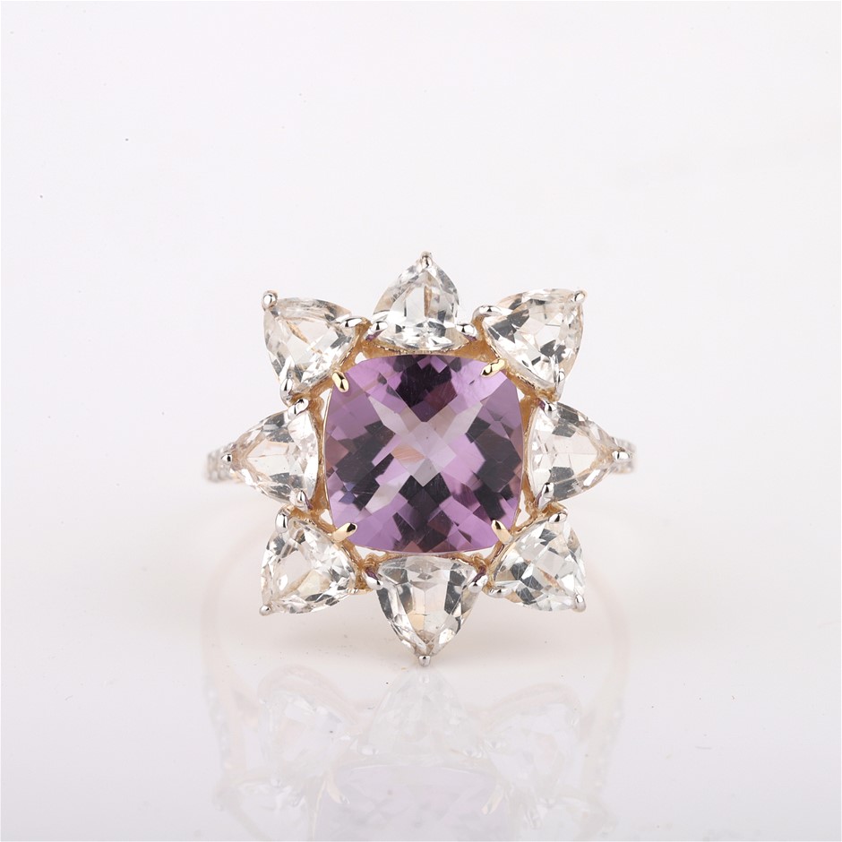 Yellow Gold Natural Ruby / Natural White Topaz & Diamond Ring