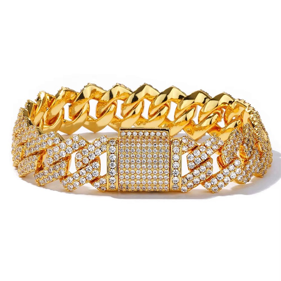 18K Gold-Filled Cuban Chain Bracelet with AAA+ Cubic Zirconia - 17.8cm