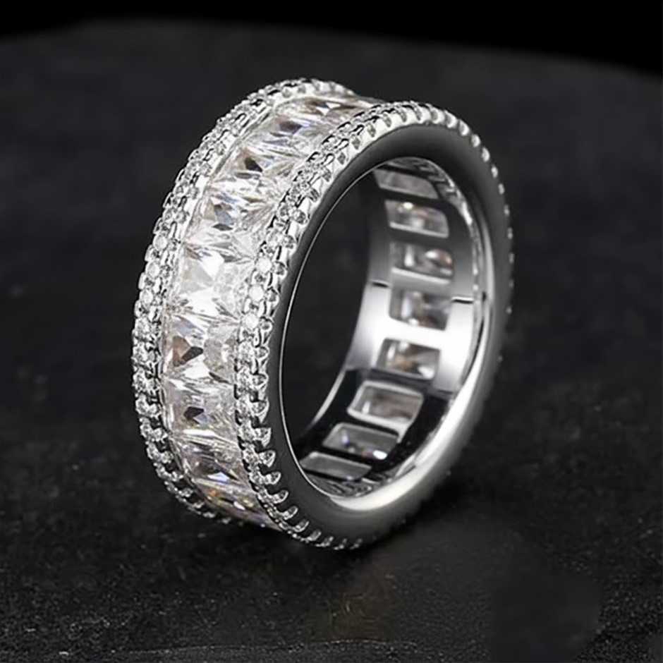 18K White-Filled Cuban Ring , AAA+ Cubic Zirconia - Size 9