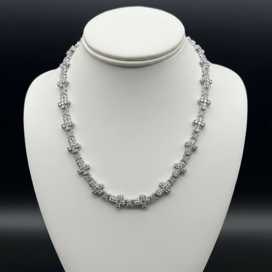 18K Silver-Filled Cross & Flower Necklace , AAA+ Cubic Zirconia - 55.8cm