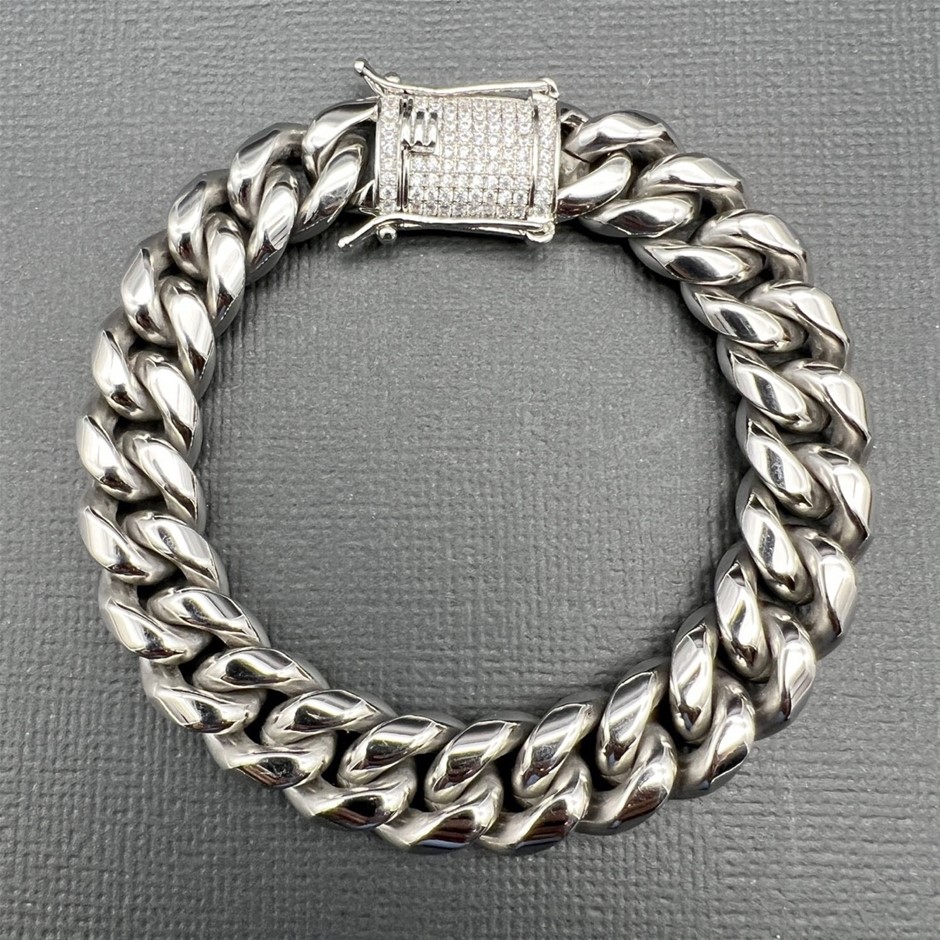 Silver-Filled Cuban Bracelet Cubic Zirconia Clasp, 12MM - 19cm
