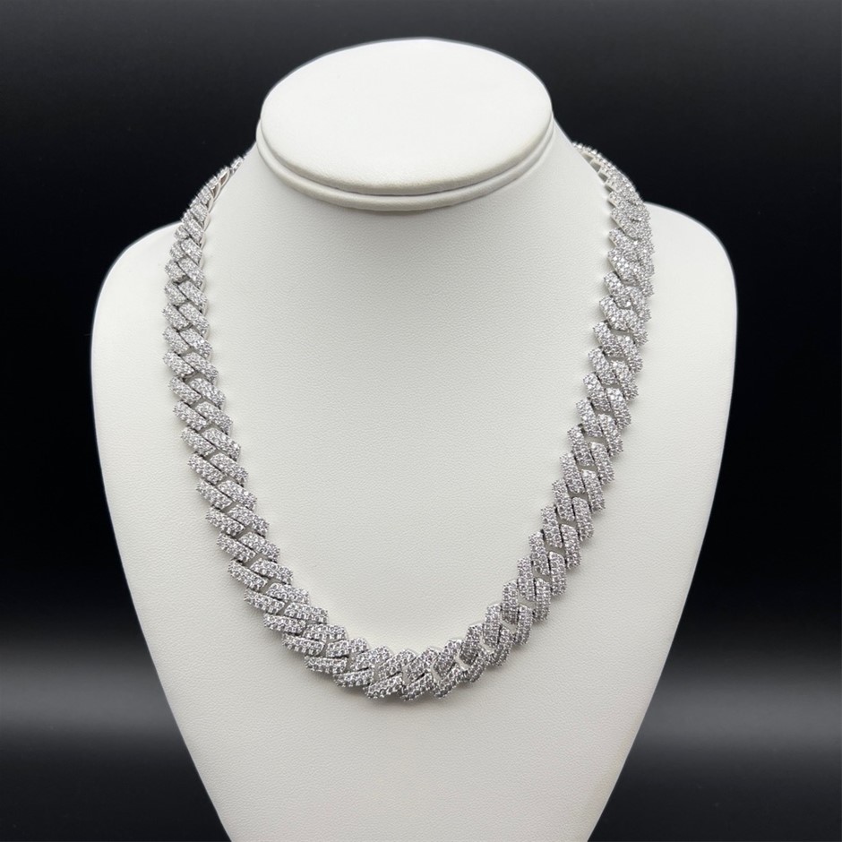 18K White-Filled Cuban Chain Necklace , AAA+ Cubic Zirconia - 60.9cm