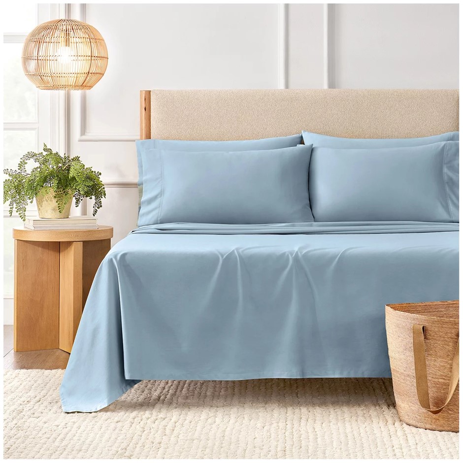 PURELY ORGANIC 300TC Cotton 4-Piece Bed Sheet Set, Size King, Pale Blue. NB