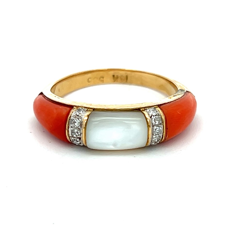 14ct Yellow Gold Diamond, Mother of Pearl & Coral Ring