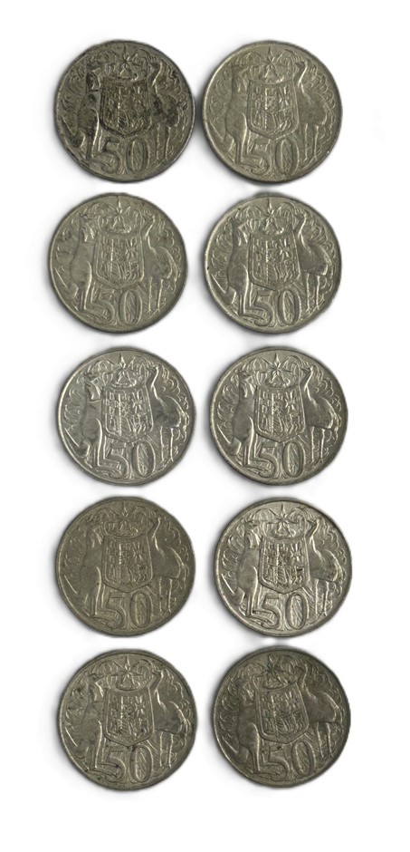 Mixed Lot Of 10 Australian 1966 Round 50 Cent Silver Coins
