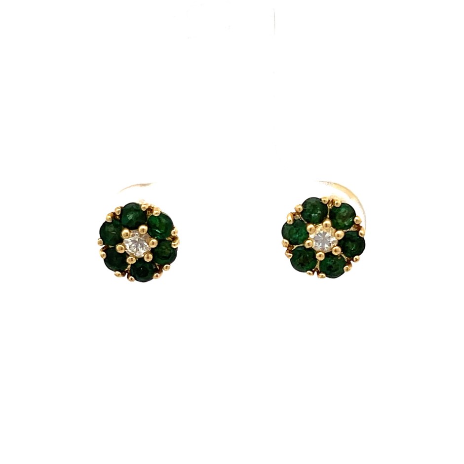14Ct Yellow Gold Emerald And Diamond Stud Earrings
