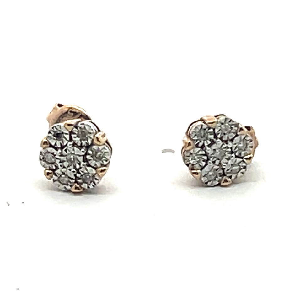 9Ct Yellow Gold Diamond Cluster Stud Earrings