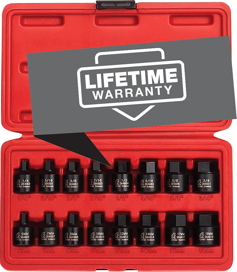 SUNEX 3/8 Inch Drive Low Profile Impact Hex Driver Set, 16-Piece, SAE/Metri