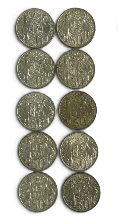 Mixed Lot of 10 Australian Round 50 Cent Silver Coins (1966)