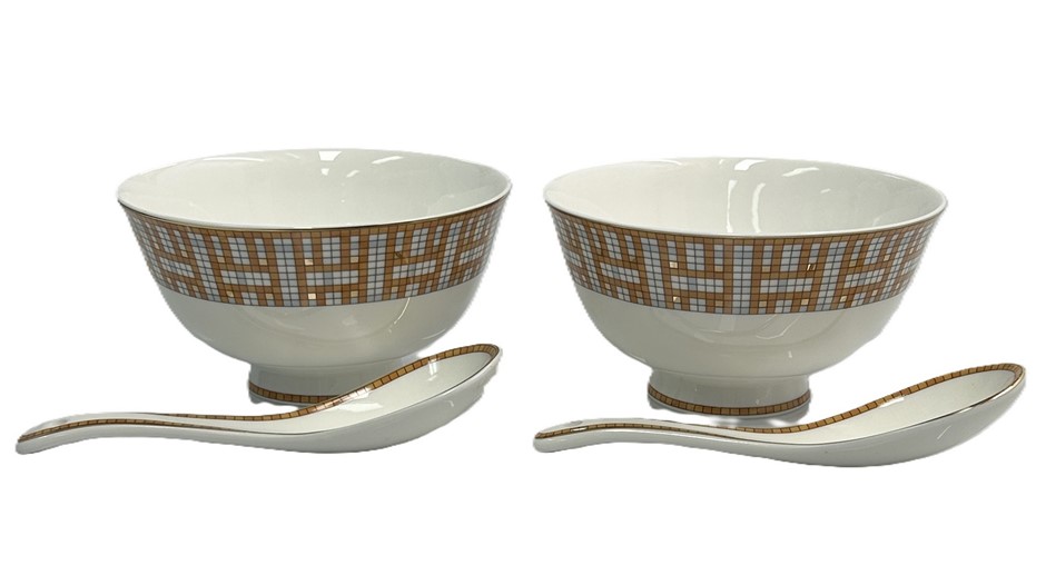 Set of 2 Hermès Mosaique au 24 porcelain bowls with matching soup spoons