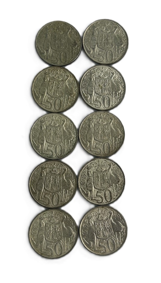 Mixed Lot of 10 Australian Round 50 Cent Silver Coins (1966).