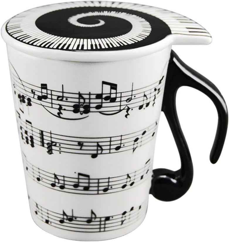 HLJgift Creative Ceramic Musician Coffee Mug Tea Cup with Lid Staves Music