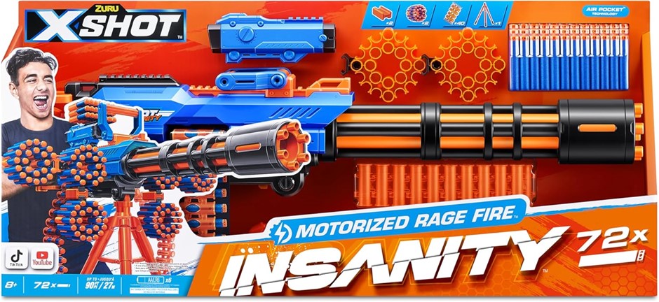 Zuru XSHOT Insanity Motorised Gatling Blaster with Tripod Stand Includes Da