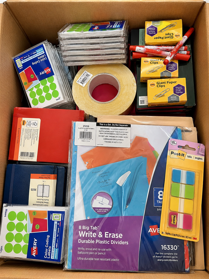BOX OF ASSORTED BRANDED STATIONERY: Avery Labels & Dividers, Post-it Tabs,