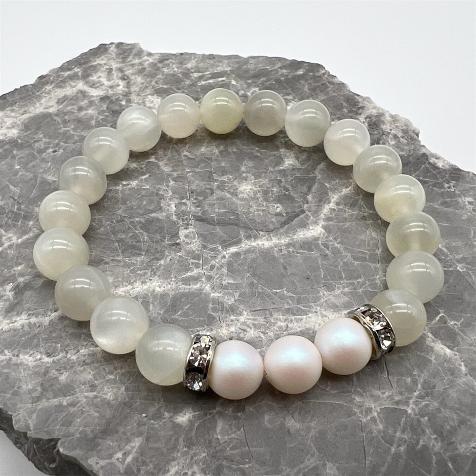 8mm Moonstone & Swarovski® Crystal Pearl Rhinestone Bracelet