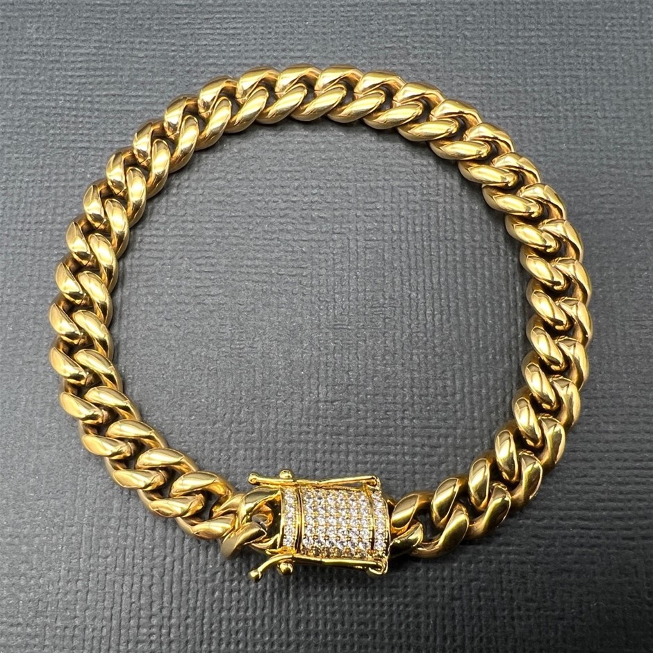 18K Gold-Filled Cuban Bracelet with AAA Cubic Zirconias Clasp, 8MM -  19cm