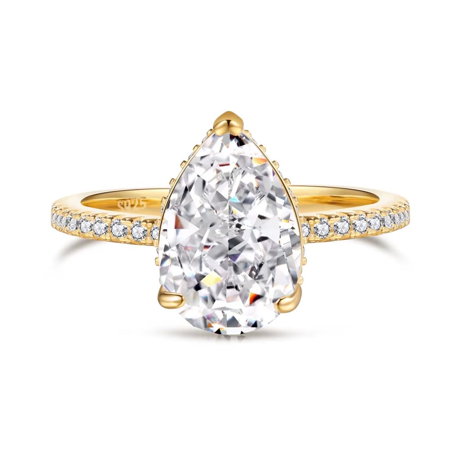 2.75ct Pear 8A Cubic Zirconia 18K Gold Filled 925 Silver Ring - Size 6