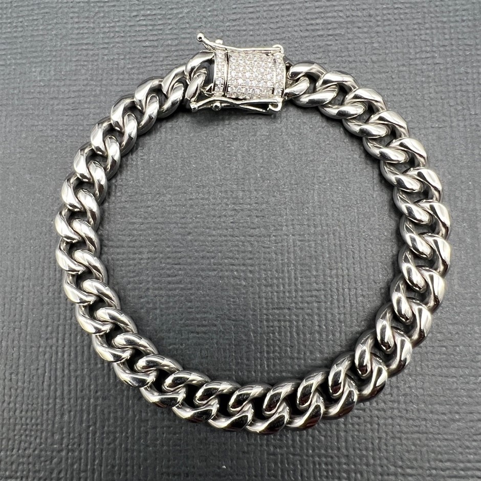 Silver-Filled Cuban Bracelet with AAA+ Cubic Zirconia Clasp, 8MM - 17.8cm