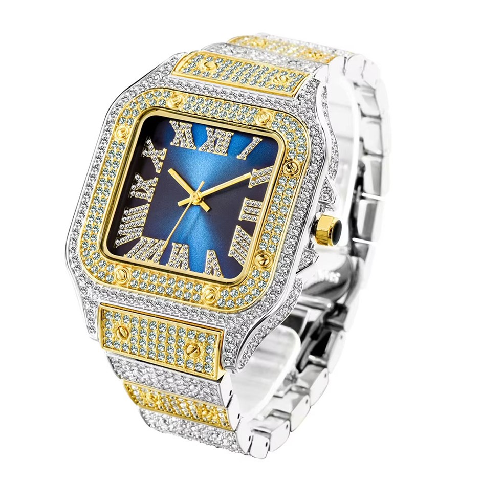 18k White & Yellow Gold Filled, Blue Face Iced Out Diamond Quartz Watch