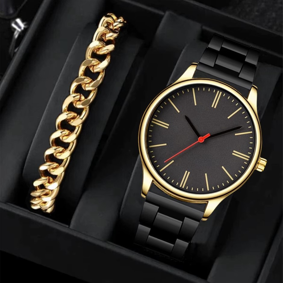 2PCS Men's Stainless Steel Watch & Bracelet Set
