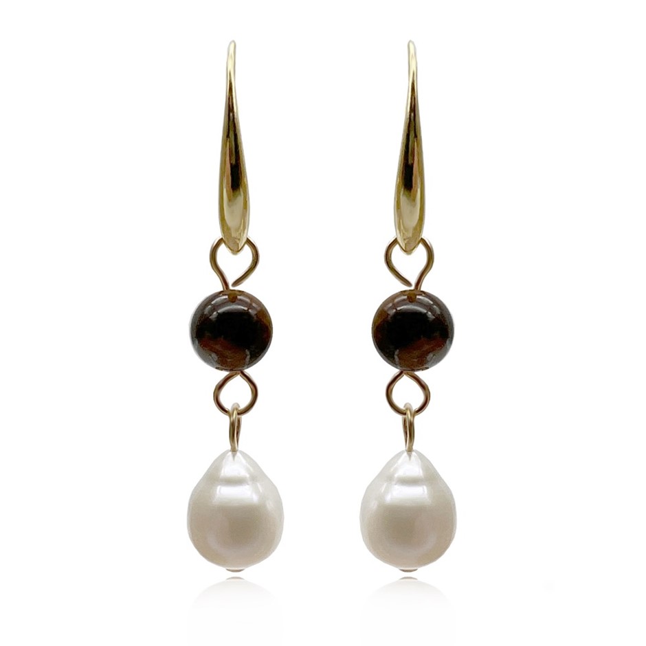 6mm Tiger Eye & Baroque Pearl Dangling Earrings.