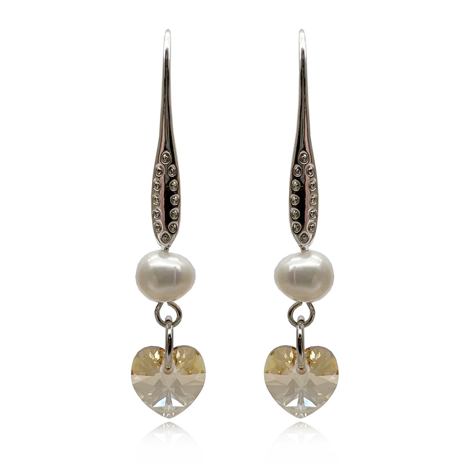 White Freshwater Pearl Adorned with Swarovski® Crystals Drop Earrings