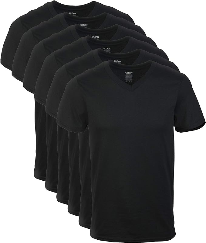 6-Pack GILDAN Men's V-Neck Tees, Size L, 100% Cotton, Black. NB: 1x missing