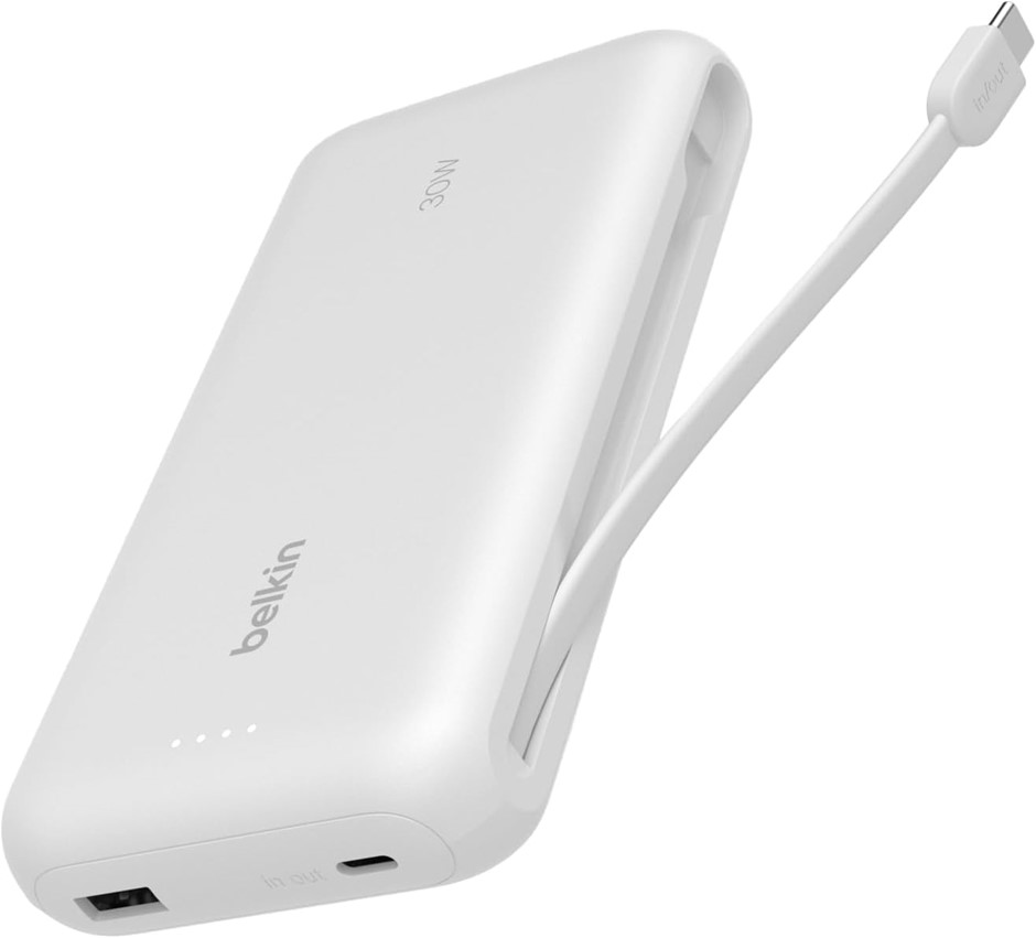 Belkin BoostCharge USB C Power Bank 20000mAh 30W Integrated Cable White | F