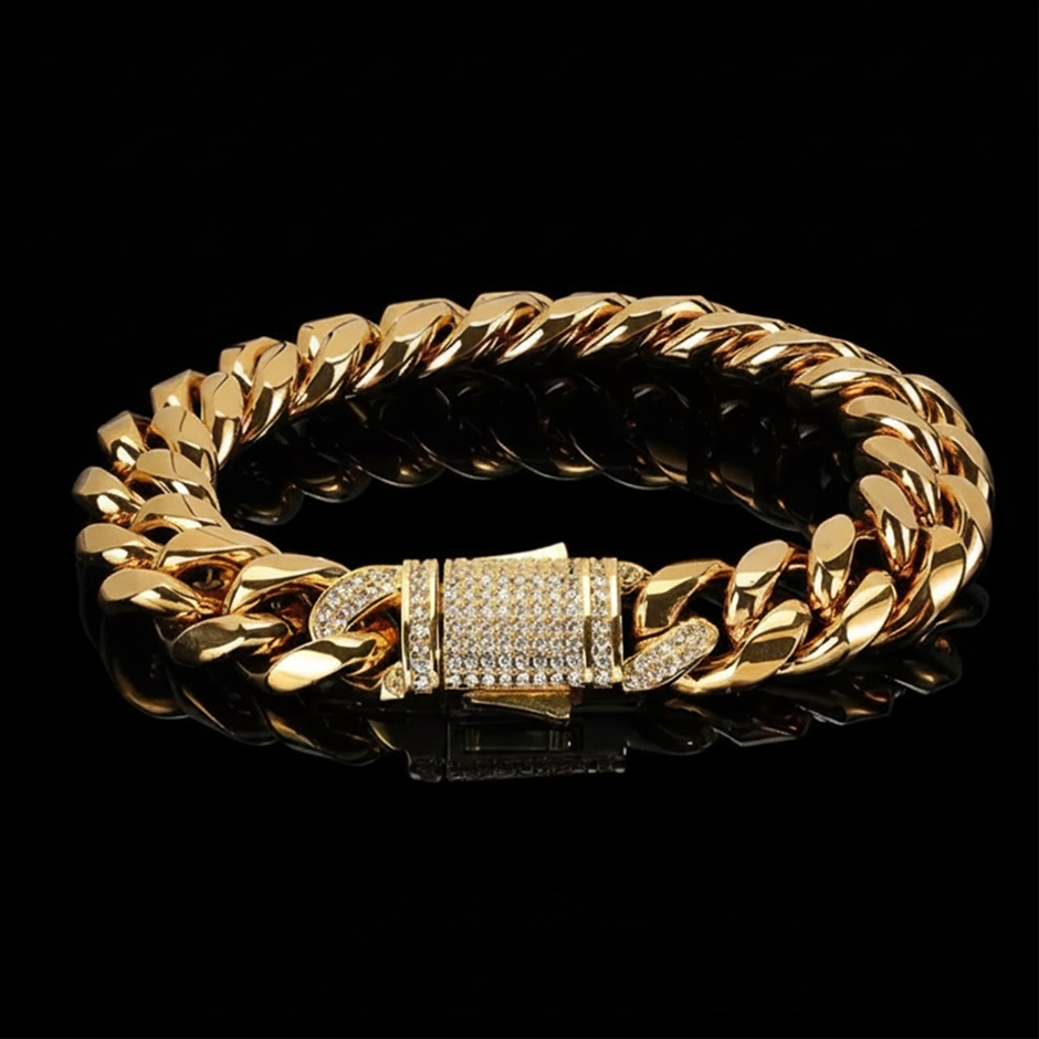 18K Gold-Filled Cuban Chain Bracelet with AAA Cubic Zirconias - 12MM-20.3cm