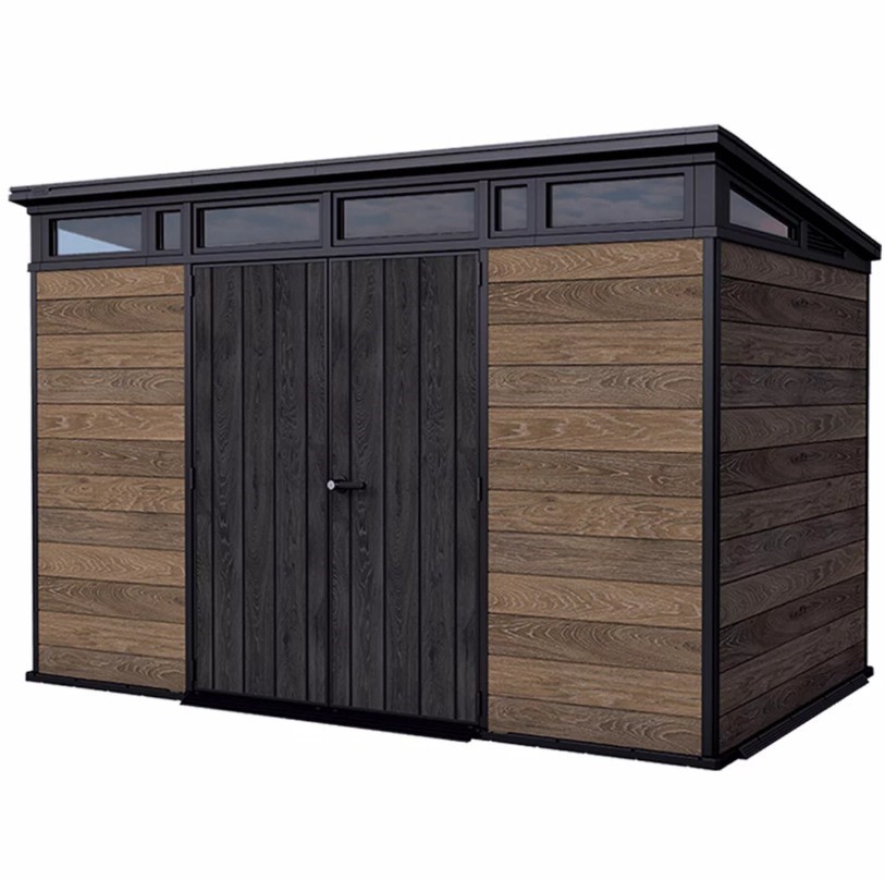 KETER Signature Pent Shed, 3.4M x 2.2M, Walnut Look. NB: Missing 3rd box ou