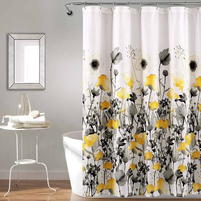 3 X LUSH DECOR Yellow and Gray Zuri Flora Shower Curtain-Fabric Watercolor