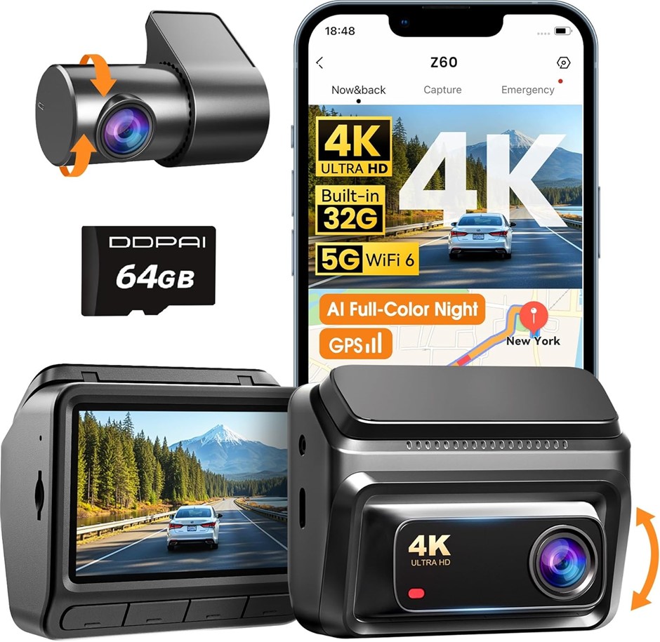 DDPAI 4K Dash Cam Front and Rear, 4K+1080P Dash Cam, up to 15MB/s 5GHz WiFi