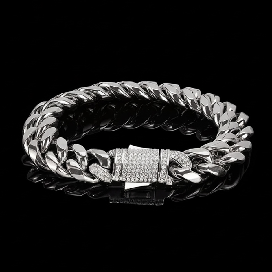 Silver-Filled Cuban Chain Bracelet with AAA Cubic Zirconias - 10MM-22.8cm