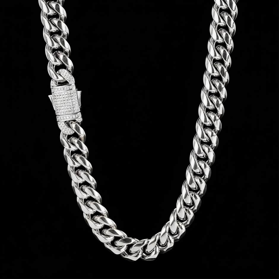 Silver-Filled Cuban Chain Necklace with AAA Cubic Zirconias - 10MM-60.9cm