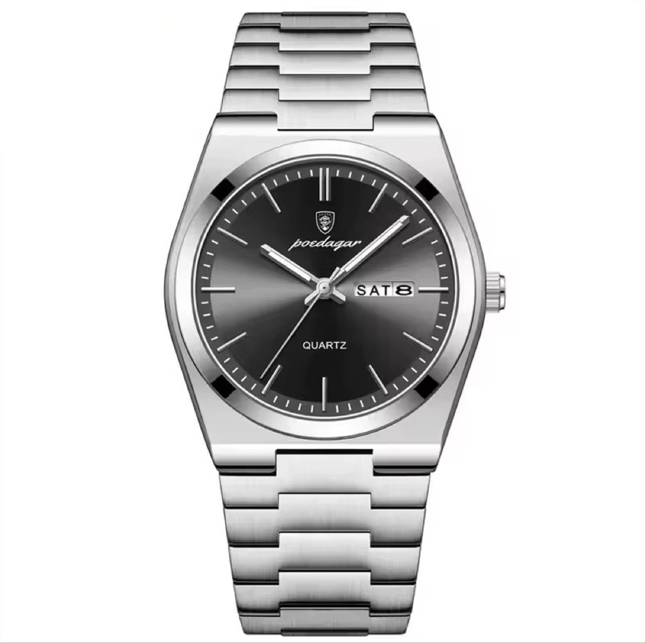 Luxury Quartz Watch Men, Calendar with Stainless Steel Strap, Silver/Black