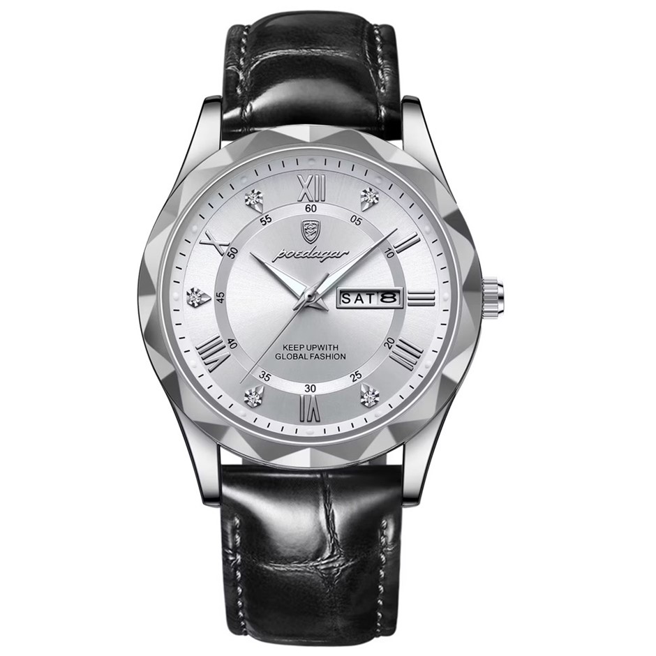 Luxury Men's Quartz Watch Date Week with Leather Strap, Silver