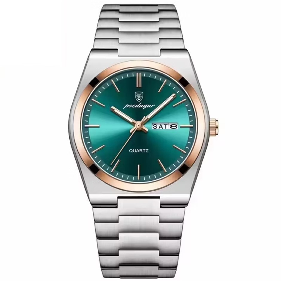 Luxury Quartz Watch Men, Calendar with Strap, Silver/Rose Gold/Green