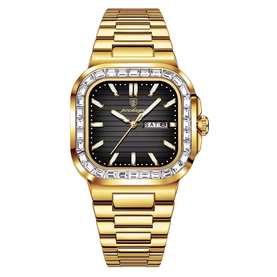 Luxury Men's Quartz Watch Square Face Stainless Steel Band, Gold/Black